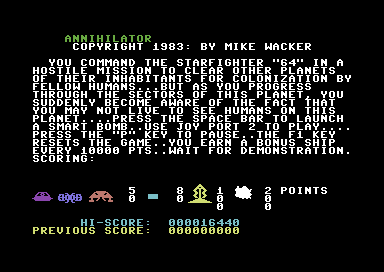 Annihilator (Commodore 64) screenshot: Instructions.