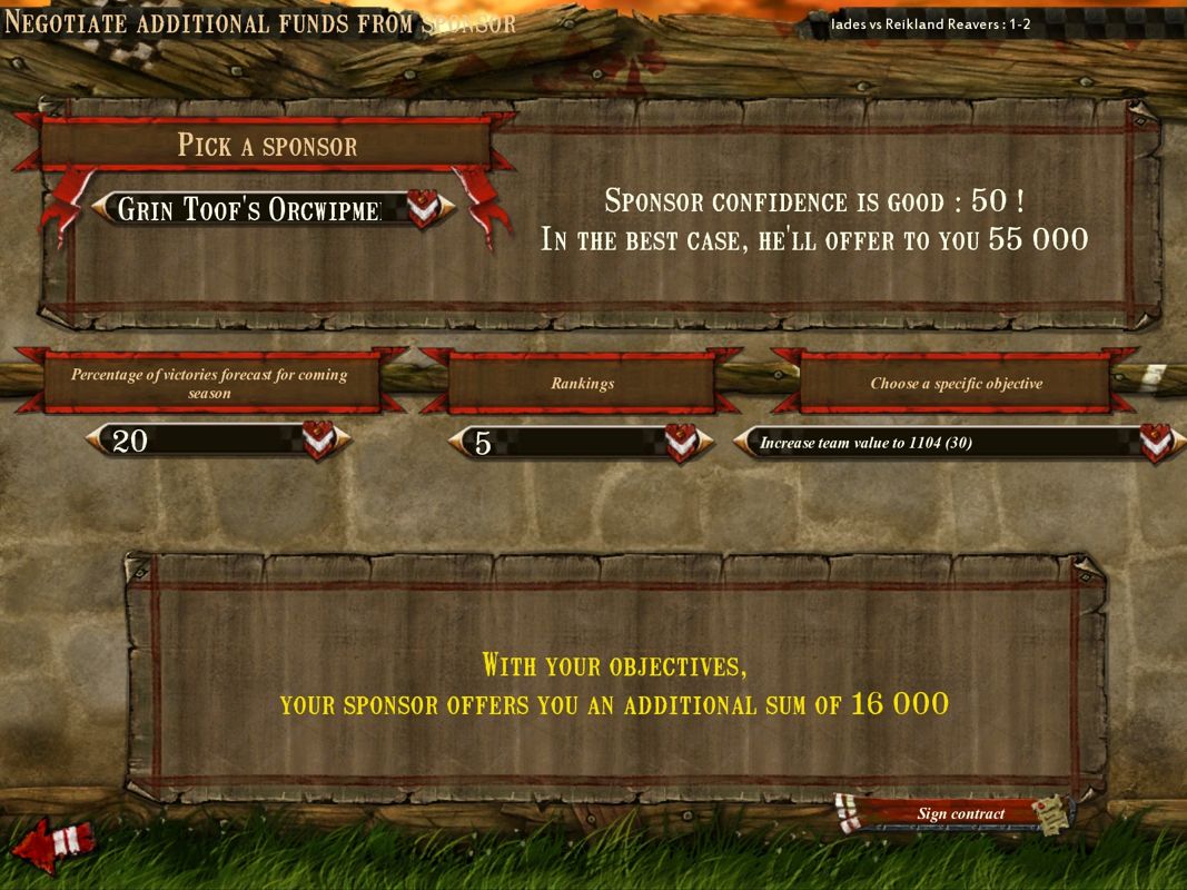 Blood Bowl (Windows) screenshot: Sponsors are a good way to get additional money.
