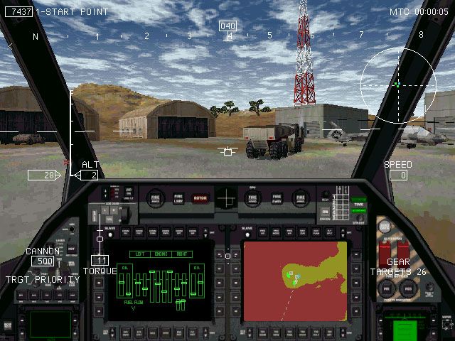 Comanche 3 (DOS) screenshot: Taking off from the FARP