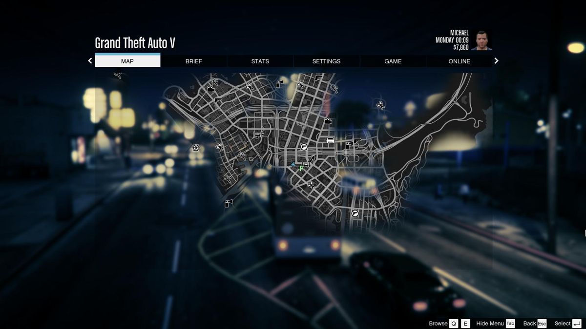 Grand Theft Auto V (Windows) screenshot: The in-game menu with map