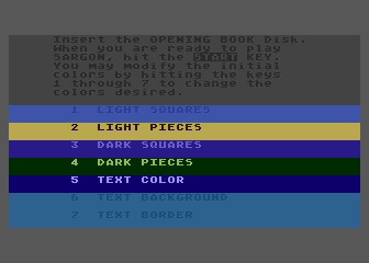 Sargon III (Atari 8-bit) screenshot: This is the color setup before the game starts