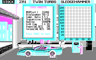 Vette! (DOS) screenshot: Car selection (CGA - reverse color selection)