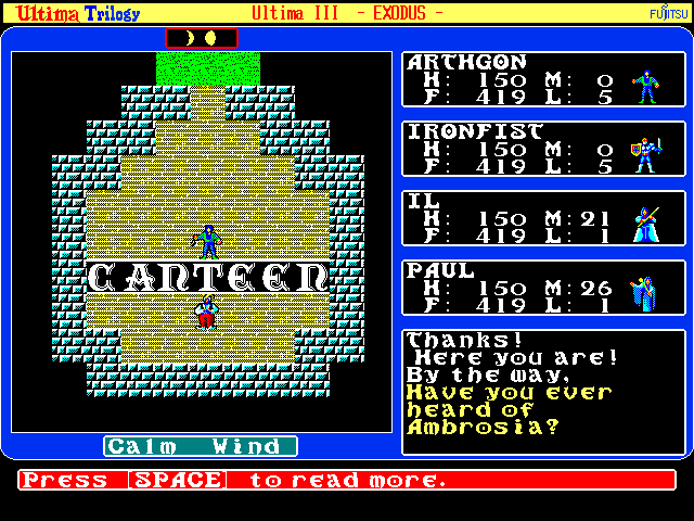 Ultima Trilogy: I ♦ II ♦ III (FM Towns) screenshot: U3: At the pubs, taverns you can pay for drinks. If you pay enough you'll get tips that can help you in your quest