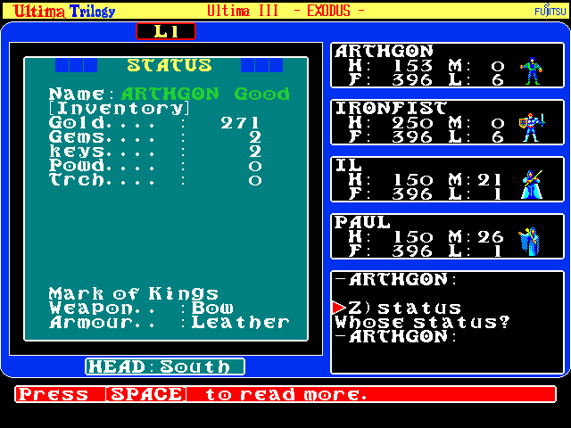 Ultima Trilogy: I ♦ II ♦ III (FM Towns) screenshot: U3: One of the Marks in the Inventory!