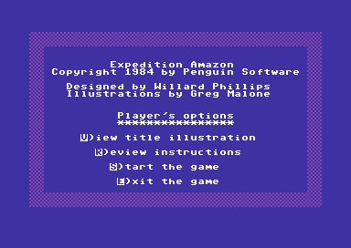 Expedition Amazon (Commodore 64) screenshot: Title screen.