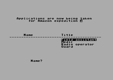 Expedition Amazon (Commodore 64) screenshot: Job applications.