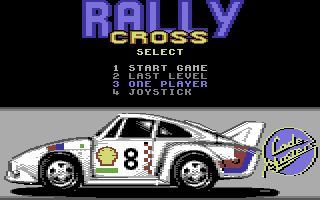 Rallycross Simulator (Commodore 64) screenshot: The game's main menu. Pressing the 3 key toggles between 1 & 2 players. Pressing the 4 key toggles between joystick & keyboard