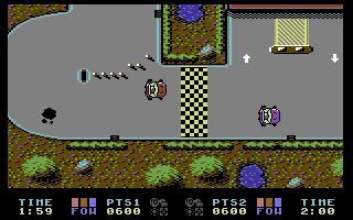 Rallycross Simulator (Commodore 64) screenshot: The game begins and the computer opponent roars away. The garage off to the right is where the player gets upgrades