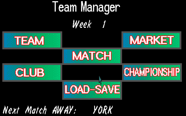 Soccer Team Manager (DOS) screenshot: Main Menu.