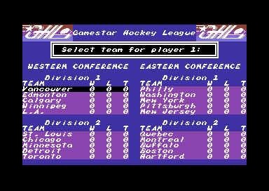 FaceOff! (Commodore 64) screenshot: The teams.
