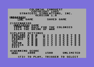 Colonial Conquest (Commodore 64) screenshot: Option screen.