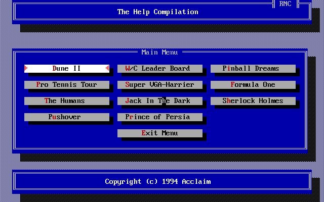 Help! Charity Compilation (DOS) screenshot: This is the compilation's menu screen