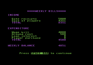 Football Manager (Commodore 64) screenshot: Finances.