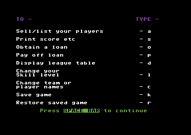 Football Manager (Commodore 64) screenshot: Main menu.