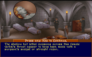 The Lost Files of Sherlock Holmes (DOS) screenshot: Holmes studies corpses at the morgue.