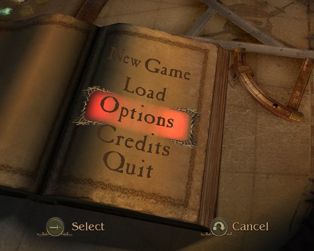 Pirates of the Caribbean: The Legend of Jack Sparrow (Windows) screenshot: The Main Menu is a 3D scene, where the camera goes from one point to another depending on the selection.