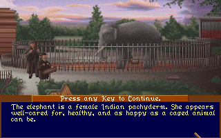 The Lost Files of Sherlock Holmes (DOS) screenshot: Ah, the zoo! Unfortunately, our heroes are not here for recreation.