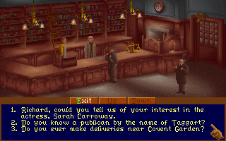 The Lost Files of Sherlock Holmes (DOS) screenshot: Dialogues are multiple-choice.