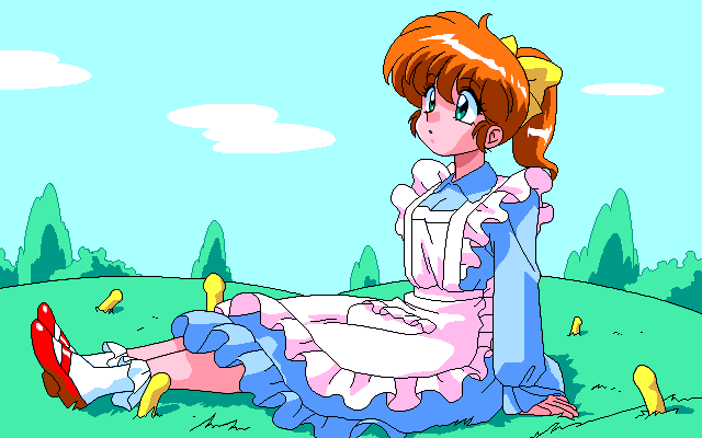 Lemon Angel (PC-98) screenshot: Alice-in-Wonderland-like scenario with phallic mushrooms