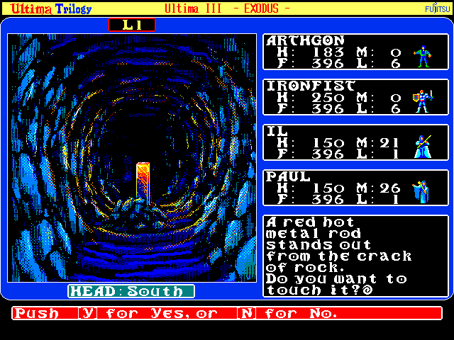 Ultima Trilogy: I ♦ II ♦ III (FM Towns) screenshot: U3: Touching one of the hot red metal rods, will give you and your companions one of the Marks!
