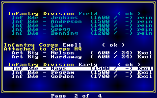 Decisive Battles of the American Civil War, Vol. 3 (DOS) screenshot: Roster of Southern army in 'Wilderness' scenario (EGA)
