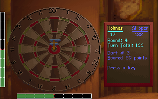 The Lost Files of Sherlock Holmes (DOS) screenshot: In-game mini-game: Play darts with pub customers.