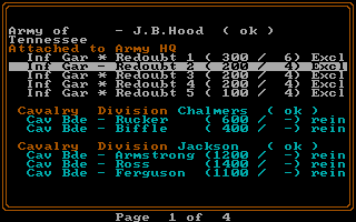 Decisive Battles of the American Civil War, Vol. 3 (DOS) screenshot: Roster of Southern army in 'Nashville' scenario (Tandy)