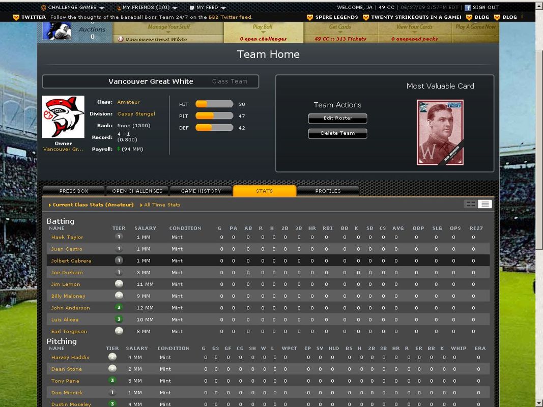 Baseball Boss (Browser) screenshot: Attributes of my team members.