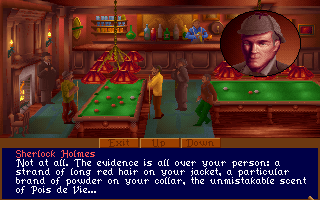 The Lost Files of Sherlock Holmes (DOS) screenshot: Holmes offers a sample of his famous deductive skills.