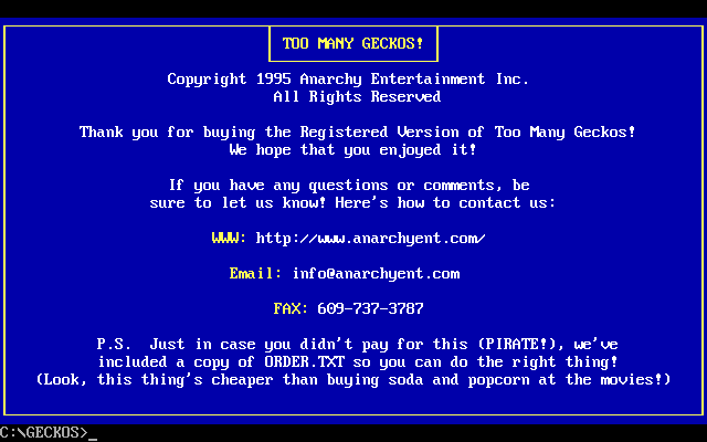 Too Many Geckos! (DOS) screenshot: Closing screen.