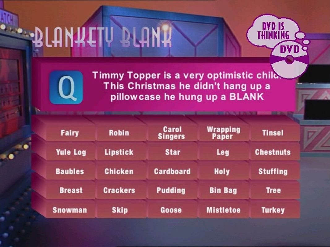 Blankety Blank (DVD Player) screenshot: Playing a single player game the DVD becomes the opponent. Here it's thinking about which word to select to complete the phrase