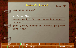 The Lost Files of Sherlock Holmes (DOS) screenshot: Watson's journal is a convenient source of information.