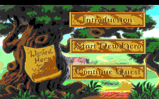 Quest for Glory I: So You Want To Be A Hero (DOS) screenshot: Opening screen - the remake has still EGA support with Sierra's driver, showing 640x200 graphics with lots of dithering