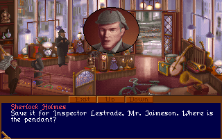The Lost Files of Sherlock Holmes (DOS) screenshot: Holmes has traced an important item to this pawn shop.
