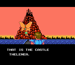 Astyanax (NES) screenshot: A cutscene showing the hero and the fairy approaching the mountain and the castle