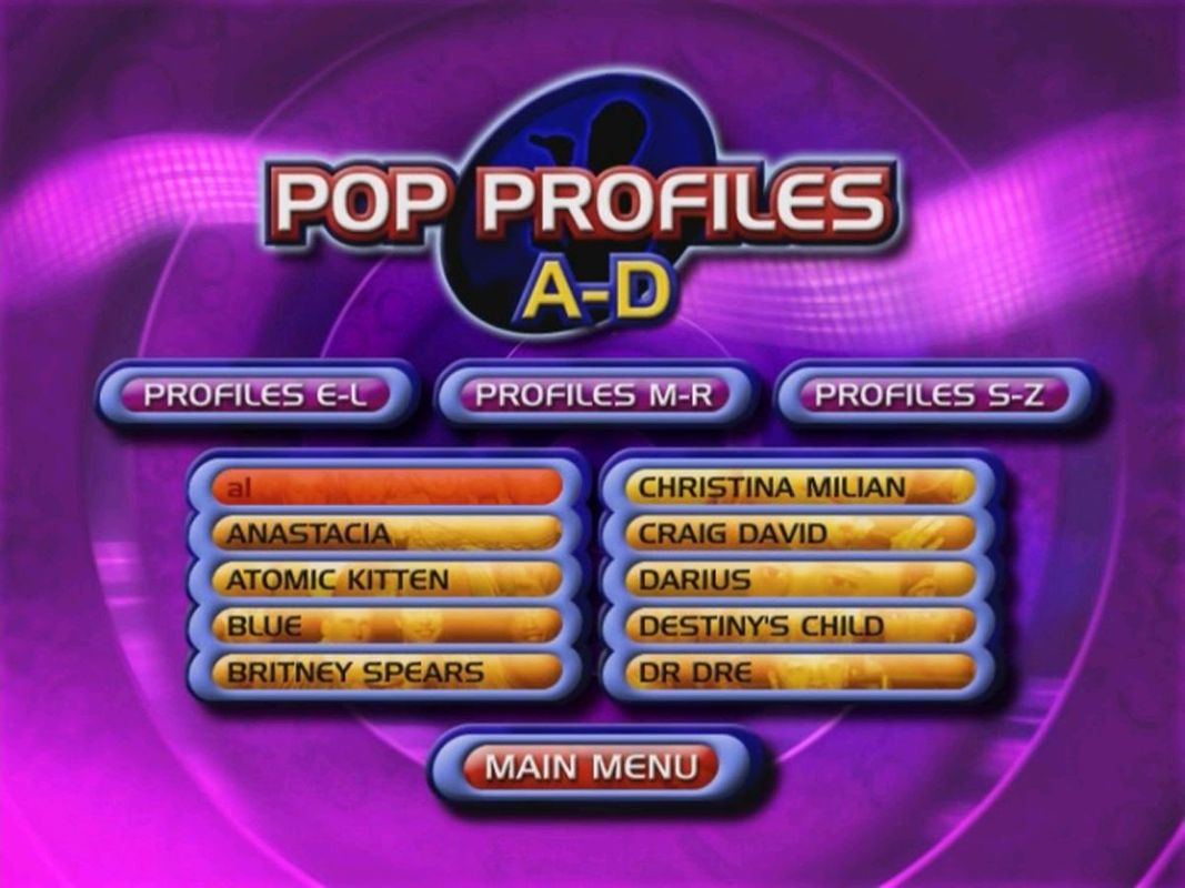Pepsi Chart Music Quiz: Play The World's First Pop Music Quiz On DVD (DVD Player) screenshot: Pop Profiles: There are three menu screens like this