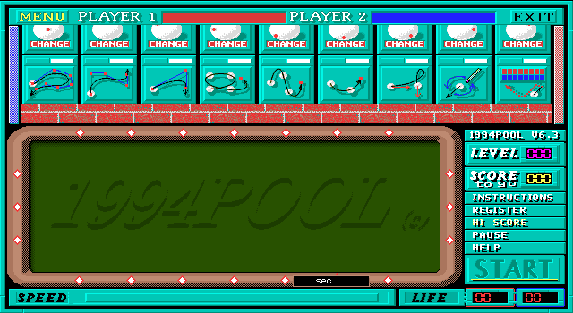 1994Pool+ (DOS) screenshot: Game start (table 1).