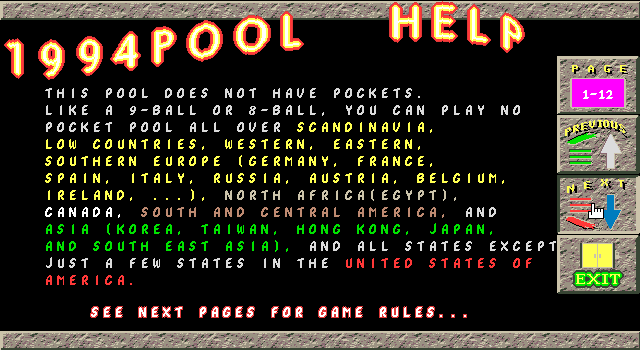 1994Pool+ (DOS) screenshot: Help page 1 of 12.