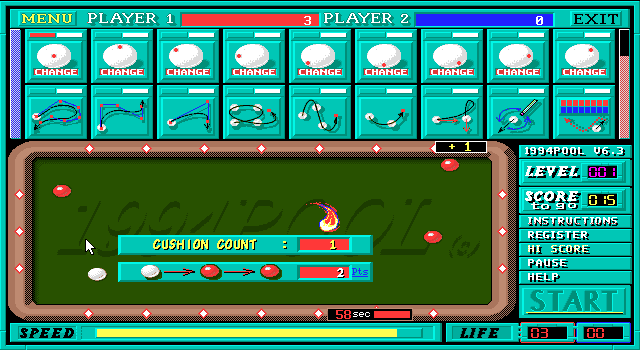 1994Pool+ (DOS) screenshot: Gameplay (table 1).