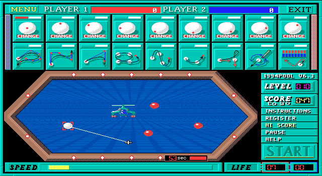 1994Pool+ (DOS) screenshot: Game play (table 2).