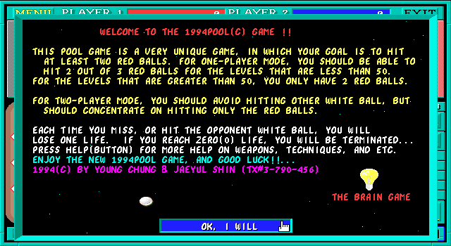1994Pool+ (DOS) screenshot: About/Welcome screen.