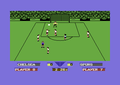 Gazza's Super Soccer (Commodore 64) screenshot: Shot on goal.