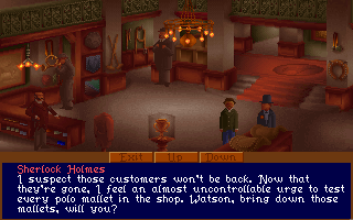 The Lost Files of Sherlock Holmes (DOS) screenshot: Holmes and Watson make a nuisance of themselves in a distinguished upper-class shop.
