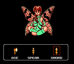 Astyanax (NES) screenshot: The fairy found in stages offers weapon upgrades or magic restore