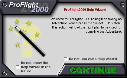 AETI ProFlight 2000 (Windows) screenshot: ProFlight 2000 displays a small 'Wizard Window' before allowing the player access to each of the main windows. These, and the accompanying audio wizard can be turned off.