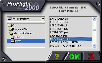 AETI ProFlight 2000 (Windows) screenshot: The flight plan created within the flight simulator is selected via a sub-window within ProFlight 2000