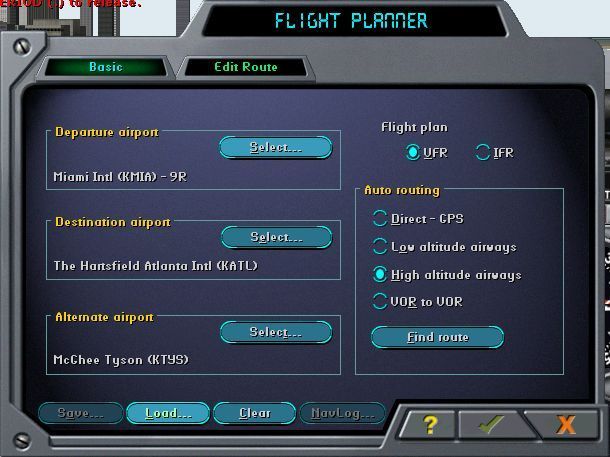AETI ProFlight 2000 (Windows) screenshot: The first step in the creation of an adventure is to create a flight plan within the flight simulator.