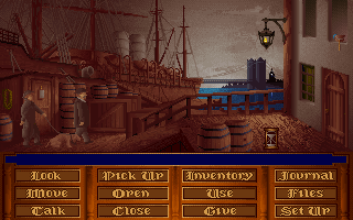The Lost Files of Sherlock Holmes (DOS) screenshot: The reliable hound Toby has led Holmes and Watson to the docks.
