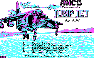 Harrier Mission (DOS) screenshot: Title & Menu Screen.