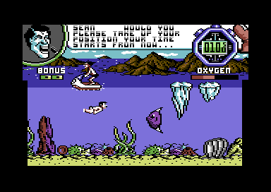 Supersports: The Alternative Olympics (Commodore 64) screenshot: Avoid the obstacles.
